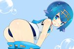  :o ass bare_arms bent_over blue_background blue_eyes blue_hair blue_pants blue_sailor_collar blush bubble collarbone crop_top hairband harigane_(pixiv19983169) looking_at_viewer one-piece_swimsuit one-piece_thong open_mouth pants pants_down pants_pull pokemon pokemon_(game) pokemon_sm ribbon_trim sailor_collar shirt short_hair simple_background sleeveless sleeveless_shirt solo suiren_(pokemon) swimsuit swimsuit_under_clothes trial_captain v_arms white_shirt 
