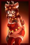  2016 alfa995 amber_eyes anthro antlers bell black_nose breasts brown_hair cervine cleavage clothed clothing deer female festive gradient_background hair hand_on_breast horn legwear looking_at_viewer mammal pinup pose red_background red_border reindeer shirt simple_background skimpy skirt slightly_chubby smile solo stockings watermark 