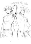  2boys adonis_belt arm_behind_head arm_up armpit_hair baseball_cap comparison dated denim eyebrows_visible_through_hair greyscale groin hand_on_hip hat jeans kyouta_(a01891226) looking_at_viewer male_focus monochrome multiple_boys nipples ookido_green pants pokemon pokemon_(game) pokemon_sm red_(pokemon) signature sketch smirk sparkle spiked_hair translation_request 