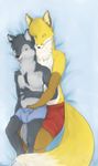  anthro boxer_briefs canine clothed clothing cupcakedoragon duo fox groping_from_behind hand_in_underwear male male/male mammal open_mouth spooning topless underwear wolf 