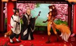  5_fingers anthro bare_back black_hair breasts brown_hair canine clothed clothing detailed_background digitigrade dragonfu female fluffy fluffy_tail fox fur group hair human male mammal nipples orange_fur smile standing 