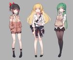  alternate_costume arms_behind_back bangs bare_legs black_footwear black_hair black_legwear black_skirt blonde_hair blush boots bow closed_mouth contemporary cross_eyed dress fang full_body green_eyes green_hair grey_background hair_bow hair_ornament hair_tubes hakurei_reimu hands_in_pockets image_sample kirisame_marisa kochiya_sanae long_hair looking_at_viewer multiple_girls necktie open_mouth pantyhose pixiv_sample pleated_skirt pokan_(xz1128) red_eyes school_uniform shoes simple_background skirt smile snake_hair_ornament socks standing touhou vest yellow_eyes yellow_neckwear 