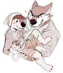  anthro barefoot beanie blush bodi canine clothing cradling dangpa dog duo grin hat lifted male male/male mammal monochrome musical_note rock_dog sharp_teeth shorts size_difference sketch sweat sweatdrop teeth tenting wet_spot wolf 