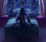  2016 anthro bed blue_fur feline formalinov fur horn lion male mammal mane night nipple_piercing nipples penis piercing solo tusks yasuhiro 