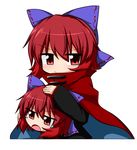  &gt;:( bangs black_shirt blush bow cape closed_mouth commentary_request disembodied_head frown hair_bow high_collar highres jitome katsumi5o long_sleeves looking_at_viewer nukekubi open_mouth purple_bow red_eyes red_hair sekibanki shirt short_hair solo tears touhou upper_body v-shaped_eyebrows white_background 
