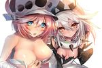  :o bangs bare_shoulders black_gloves blue_eyes blush breasts brown_eyes cleavage collar collarbone commentary_request elbow_gloves elphelt_valentine gloves guilty_gear guilty_gear_xrd hat large_breasts long_hair looking_at_viewer multiple_girls off_shoulder oro_(sumakaita) parted_lips pink_hair ramlethal_valentine shared_bathing shiny shiny_skin short_hair silver_hair small_breasts spiked_collar spikes sweat swept_bangs upper_body white_background 