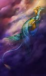  ambiguous_gender blonde_hair blue_feathers dragon feathered_wings feathers flying hair neytirix night nude outside solo wings 