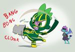  2016 angry bucket clothed clothing costume crossover doublewbrothers dragon duo english_text feral friendship_is_magic gloves green_eyes hi_res kick-ass kick-ass_(character) male melee_weapon membranous_wings my_little_pony parody princess_ember_(mlp) purple_scales scales scalie simple_background spike_(mlp) text weapon white_background wings 