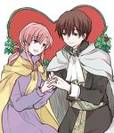  1girl cape couple cuan_(fire_emblem) ethlin_(fire_emblem) european_clothes fire_emblem fire_emblem:_seisen_no_keifu gloves heart hetero holding_hands husband_and_wife jewelry kitano_373 pink_hair purple_hair ring short_hair sidelocks white_cape yellow_cape 