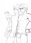  3boys bangs baseball_cap blush bulge covering covering_crotch dated eyewear_on_head greyscale hands_on_hips hat jockstrap kyouta_(a01891226) lineart looking_at_another looking_down male_focus male_swimwear male_underwear monochrome multiple_boys muscle nipples ookido_green penis_peek pokemon pokemon_(game) pokemon_sm red_(pokemon) spiked_hair sunglasses swept_bangs swim_briefs swimsuit swimsuit_tug swimwear underwear you_(pokemon) 