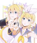  1girl arm_warmers blonde_hair blue_eyes bow hair_bow hair_ornament hairclip headset kagamine_len kagamine_rin modoromi nail_polish open_mouth sailor_collar smile v vocaloid yellow_nails 