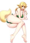  :d absurdres angelo_(gomahangetsu) animal_ears bare_legs bare_shoulders barefoot bikini blonde_hair bracelet breasts cleavage full_body green_bikini green_eyes hair_between_eyes highres jewelry kaori-san_(angelo) large_breasts long_hair lying on_side open_mouth original side-tie_bikini simple_background smile solo swimsuit tail thighs white_background 