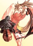  1girl armpit breasts brown_eyes brown_hair chinese_dress detached_sleeves erect_nipples fighting_stance guilty_gear hair_clip hair_ornament high_heel_boots kuradoberi_jam large_breasts leg_up long_hair nontan_(nontanexx) open_mouth red_skirt skirt smile thighs toned 