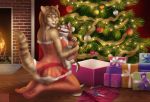  2018 alexa_neon anthro ball_gag breasts butt canine cat christmas clothed clothing digital_media_(artwork) dog feline female fire fireplace fur gag gagged gift hair hi_res holidays husky legwear looking_at_viewer mammal merry_christmas open_mouth plushie smile solo stockings teeth tree underwear 