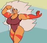  alien breasts cartoon_network cleavage clothed clothing female gem_(species) hair jasper_(steven_universe) muscular not_furry orange_skin solo steven_universe swimsuit thick_thighs unknown_artist white_hair wide_hips yellow_eyes 