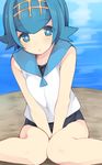  :o bangs bare_shoulders between_legs blue_eyes blue_hair blue_sailor_collar blue_swimsuit blush breast_squeeze breasts bright_pupils eyebrows_visible_through_hair flipped_hair hairband hand_between_legs highres knees_together_feet_apart leaning_forward looking_at_viewer nigo_(aozoragarou) one-piece_swimsuit parted_lips pokemon pokemon_(game) pokemon_sm sailor_collar school_swimsuit shirt short_hair sitting sleeveless sleeveless_shirt small_breasts solo suiren_(pokemon) swimsuit swimsuit_under_clothes trial_captain v_arms water white_shirt 