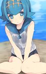  :o bangs bare_shoulders between_legs blue_eyes blue_hair blue_sailor_collar blue_swimsuit blush breast_squeeze breasts bright_pupils eyebrows_visible_through_hair flipped_hair hairband hand_between_legs highres knees_together_feet_apart leaning_forward looking_at_viewer nigo_(aozoragarou) one-piece_swimsuit parted_lips pokemon pokemon_(game) pokemon_sm sailor_collar school_swimsuit see-through shirt short_hair sitting sleeveless sleeveless_shirt small_breasts solo suiren_(pokemon) swimsuit swimsuit_under_clothes trial_captain v_arms water wet wet_clothes wet_shirt white_shirt 