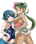  ass blue_eyes blue_hair blue_sailor_collar breasts clenched_teeth condom condom_wrapper dark_skin flower green_eyes green_hair hair_flower hair_ornament highres long_hair looking_at_viewer mao_(pokemon) medium_breasts multiple_girls nipples nori_(akusei_shinseibutsu) one-piece_swimsuit one_eye_closed pokemon pokemon_(game) pokemon_sm sailor_collar short_hair simple_background small_breasts smile suiren_(pokemon) swimsuit swimsuit_under_clothes teeth twintails white_background 
