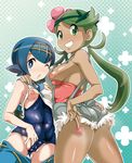  ass blue_eyes blue_hair blue_sailor_collar breasts clenched_teeth condom condom_wrapper dark_skin flower green_eyes green_hair hair_flower hair_ornament highres long_hair looking_at_viewer mao_(pokemon) medium_breasts multiple_girls nipples nori_(akusei_shinseibutsu) one-piece_swimsuit one_eye_closed pokemon pokemon_(game) pokemon_sm sailor_collar short_hair small_breasts smile suiren_(pokemon) swimsuit swimsuit_under_clothes teeth twintails 