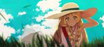  :| absurdres bag bangs bare_arms blonde_hair blue_sky blunt_bangs blurry braid closed_mouth cloud collared_dress day depth_of_field dress eyebrows_visible_through_hair eyes_visible_through_hair grass green_eyes handbag hat highres lillie_(pokemon) long_hair looking_at_viewer moyashi_(lpppp) outdoors pokemon pokemon_(game) pokemon_sm sky sleeveless sleeveless_dress solo sun_hat sundress twin_braids v-shaped_eyebrows white_dress white_hat 