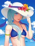  absurdres alternate_breast_size aqua_hair bikini blue_eyes breasts cloud collarbone day flower hat highres lipstick long_hair looking_at_viewer makeup medium_breasts parted_lips rwby scar scar_across_eye sky solo swimsuit weiss_schnee wet zhao_shixuan 