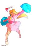  1girl alternate_costume alternate_hairstyle blonde_hair blue_eyes breasts cheerleader earring happy heart jewelry lips long_hair ponytail princess_peach simple_background skirt solo super_mario wink 