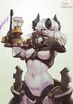  2016 android artist_name automaton_(monster_girl_encyclopedia) body_writing clenched_hand dated facial_scar gears green_background gun heart long_hair looking_at_viewer lutherniel machinery mechanical_horns monster_girl_encyclopedia navel purple_eyes robot_joints scar simple_background solo steampunk stomach tsurime weapon white_hair 