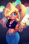  bandicoot blonde_hair blue_eyes breasts cleavage clothed clothing coco_bandicoot crash_bandicoot_(series) female hair mammal marsupial navel nitro pink_lips ponytail solo video_games wide_hips 