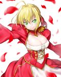  ahoge blonde_hair breasts cleavage dress epaulettes fate/extra fate_(series) green_eyes large_breasts nero_claudius_(fate) nero_claudius_(fate)_(all) onsoku_maru petals solo white_background 