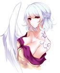  absurdres bad_id bad_pixiv_id bare_shoulders braid breasts cleavage closed_mouth collarbone expressionless feathered_wings french_braid from_side half_updo highres kishin_sagume looking_at_viewer looking_to_the_side medium_breasts off_shoulder red_eyes sheya short_hair single_wing solo tattoo touhou upper_body white_background white_hair white_wings wings 