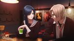  1girl aconitea alcohol bar blurry blush catherine_(love_money_rock'n'roll) character_request chopsticks clothes_hanger cup depth_of_field drinking_glass highres holding looking_at_another love_money_rock'n'roll necktie poster_(object) revision school_uniform shot_glass 