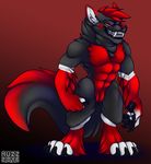  2016 4_fingers 4_toes abs anthro arm_markings barefoot biceps big_tail biped black_fur black_lips black_tail canine claws digital_media_(artwork) digitigrade ear_markings facial_markings fangs featureless_crotch fingerless_(marking) front_view full-length_portrait fur gloves_(marking) gradient_background grin hair inner_ear_fluff leg_markings lips long_tail looking_away male mammal markings multicolored_fur multicolored_tail muscular muscular_male muzz naturally_censored neck_tuft nude pecs portrait red_eyes red_fur red_hair red_markings red_nose red_tail simple_background snout socks_(marking) solo standing tasteful_nudity teeth toe_claws toeless_(marking) toes tuft two_tone_tail watermark were werewolf white_fur white_markings xxvixxx 