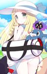  ass bag bangs blonde_hair blunt_bangs blush_stickers braid cosmog dress gen_7_pokemon green_eyes hat lillie_(pokemon) litten long_hair looking_back panties pantyshot pokemon pokemon_(creature) pokemon_(game) pokemon_sm popplio rowlet sleeveless sleeveless_dress sun_hat twin_braids underwear watanon_(gakushokutei) white_dress 