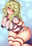  1girl bdsm blonde_hair blush bondage breasts female glasses long_hair looking_at_viewer plump ponpo red_eyes rope senran_kagura sitting smile solo thick_thighs wide_hips 