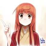  ahoge blush brown_eyes buratei_marii dated eyebrows_visible_through_hair eyelashes highres index_finger_raised japanese_clothes joshiraku kem_kem kimono long_hair looking_at_viewer nose_blush orange_hair signature simple_background sketch smile solo upper_body 