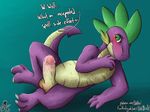  2016 3_toes asbel_lhant balls blush dragon english_text friendship_is_magic green_eyes grin leaking lying male my_little_pony penis precum presenting simple_background solo spike_(mlp) spikes teeth text toes uncut 