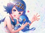  blue_eyes blue_hair blue_sailor_collar blush bright_pupils gen_7_pokemon hairband heart nishizawa one-piece_swimsuit open_mouth pokemon pokemon_(creature) pokemon_(game) pokemon_sm popplio sailor_collar shirt short_hair sleeveless smile solo suiren_(pokemon) swimsuit swimsuit_under_clothes trial_captain water 