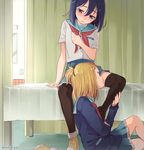  artist_name bangs_pinned_back bed black_legwear black_ribbon blonde_hair blue_hair blue_skirt blush cardigan curtains flip_flappers hair_between_eyes hair_ornament hair_ribbon hand_on_another's_leg hand_on_leg infirmary jacket kiss kokomine_cocona long_hair looking_at_another multicolored_hair multiple_girls neckerchief niina_ryou on_bed pleated_skirt purple_eyes red_neckwear ribbon school_uniform serafuku shoe_removed shoes short_hair short_sleeves single_shoe sitting sitting_on_bed sitting_on_floor skirt streaked_hair thigh_kiss thighhighs twitter_username watermark yayaka yuri 