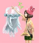  bag black_hair chop gen_7_pokemon green_shorts hand_on_another's_head hat jellyfish looking_at_another mizuki_(pokemon) nihilego pleo pokemon pokemon_(game) pokemon_sm pout shirt short_hair shorts shoulder_bag tentacle_hair tentacles ultra_beast yellow_shirt 