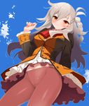  ahoge blush braid breasts crotch_seam dress fate/grand_order fate_(series) kanekiyo_miwa large_breasts long_hair looking_at_viewer navel olga_marie_animusphere pantyhose red_legwear silver_hair solo yellow_eyes 