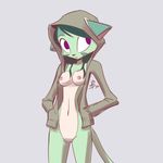  2016 anthro barbadosslim breasts cat clothed clothing dreamkeepers feline fur green_fur green_hair grey_background hair lilith_calah mammal navel nipples open_shirt pussy simple_background white_belly white_fur 