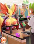  2016 anthro big_breasts breasts bulge charizard chespin clothing counter credit_card delphox eyewear female glasses inside lysergide market nintendo open_mouth pants pok&eacute;mon public shirt shocked store video_games wings 