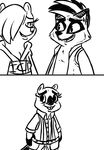  2016 alter_(inkyfrog) anthro bare_chest beaver black_and_white buckteeth chest_tuft claws clothed clothing crossgender disney fan_character female group hair hair_over_eye hoodie hugh_muskroura inkyfrog male mammal monochrome open_shirt raccoon rodent roxy_(inkyfrog) simple_background skunk teeth tuft white_background zootopia 