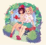  ayataka_(tmtayata) bangs bare_legs beanie black_hair blonde_hair blunt_bangs braid cosplay cutiefly floral_print flower gen_4_pokemon gen_7_pokemon green_eyes hair_flower hair_ornament hat lillie_(pokemon) long_hair mizuki_(pokemon) mizuki_(pokemon)_(cosplay) multiple_girls outdoors pokemon pokemon_(creature) pokemon_(game) pokemon_sm red_hat rotom rotom_dex shirt short_hair short_shorts short_sleeves shorts sitting smile swept_bangs t-shirt tied_shirt 