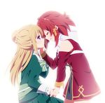  2girls artist_request blonde_hair blush eyes_closed hand_holding izetta_(shuumatsu_no_izetta) long_hair looking_at_another multiple_girls ortfine_fredericka_von_eylstadt purple_eyes red_hair shuumatsu_no_izetta white_background yuri 