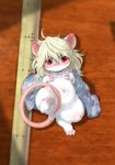  2016 :&lt; anthro anus bangs big_eyes blonde_hair blush breasts claws clothed clothing convenient_censorship covering covering_breasts eyewear female fur glasses hair kemono koishi_chikasa looking_at_viewer lying mammal messy_hair micro mouse navel partially_clothed paws red_eyes rodent ruler small_breasts solo tail_censorship white_fur 