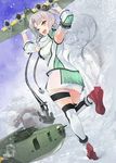 :d absurdres aircraft airplane akitsushima_(kantai_collection) anchor armpits arms_up earrings from_behind gloves high_heels highres jewelry kanmiya_shinobu kantai_collection looking_at_viewer looking_back miniskirt nishikitaitei-chan one_eye_closed open_mouth purple_eyes purple_hair ribbon scarf side_ponytail sidelocks skirt smile snow thigh_strap thighhighs tree zettai_ryouiki 