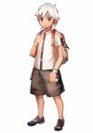  backpack bag bangs brown_eyes brown_shorts dark_skin dark_skinned_male full_body geetgeet holding holding_poke_ball looking_at_viewer male_focus poke_ball pokemon pokemon_(game) pokemon_sm shoes shorts simple_background smile sneakers solo swept_bangs white_background white_hair you_(pokemon) z-ring 