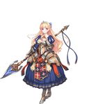  armor armored_boots blonde_hair blue_eyes boots braid dress french_braid full_body highres holding holding_spear holding_weapon long_hair looking_at_viewer mireille_(sennen_sensou_aigis) official_art parted_lips polearm puffy_sleeves sennen_sensou_aigis solo spear tedain transparent_background weapon 