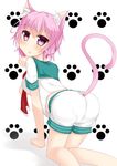  1girl all_fours animal_ears artist_request ass barefoot blush breasts cat_ears cat_tail from_behind kantai_collection looking_at_viewer open_mouth parted_lips paw_pose pink_eyes pink_hair sailor_shirt shiny shiny_hair short_hair shorts sideboob solo tail tama_(kantai_collection) 